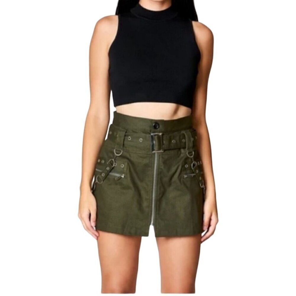 Carmar Los Angeles LF Army Green Goth Punk Emo Chain Embellished Mini Skirt Size